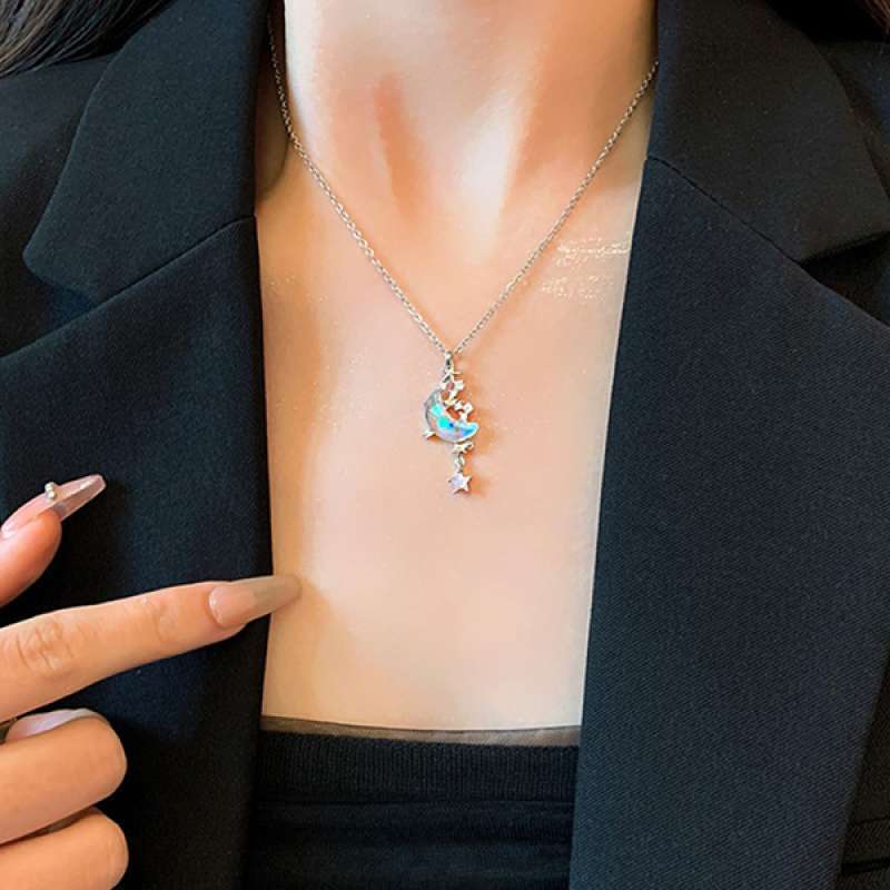 Silver Beautiful Crystal Rhinestone Star Moon Pendant Necklace Clavicle Chain Korean Style For Girls Korean Jewellery Gift