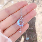 Silver Beautiful Crystal Rhinestone Star Moon Pendant Necklace Clavicle Chain Korean Style For Girls Korean Jewellery Gift